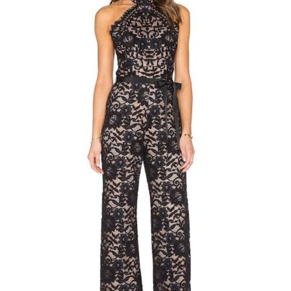 Alexis Pants - Rene Halter-Neck Lace Jumpsuit Black
